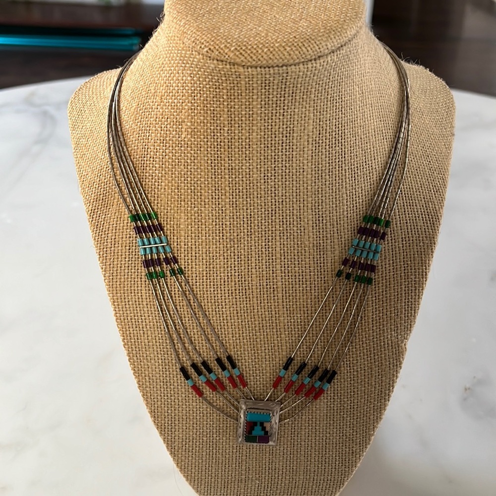 Sterling Nat Amer Zuni Liq Silver 5 Strand 18" Multistone pendant inlay Necklace
